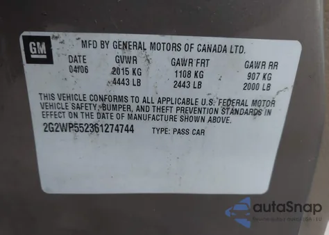 2006 Pontiac Grand Prix z USA, uszkodzony, nr VIN 2G2WP552361274744